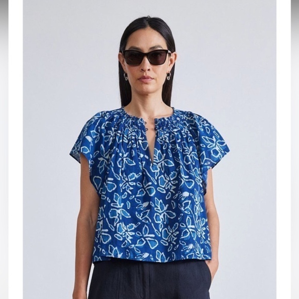 Apiece Apart Patricia Flutter Sleeve Floras Dabu Indigo Blouse Size Small - Picture 1 of 9